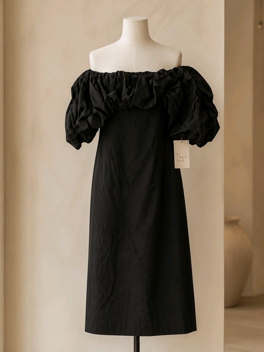 a new day Black Off-Shoulder Midi Dress with Puff Sleeves